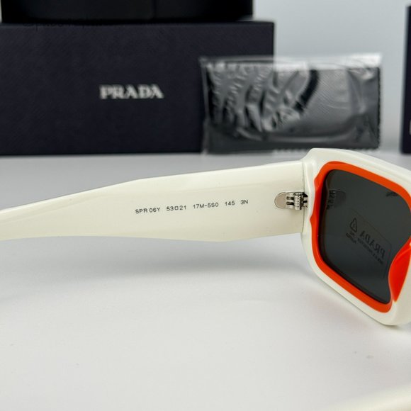 NEW Prada PR06YS 17M5S0 Talc Orange Dark Grey Rectangle Unisex Sunglasses - Picture 6 of 11